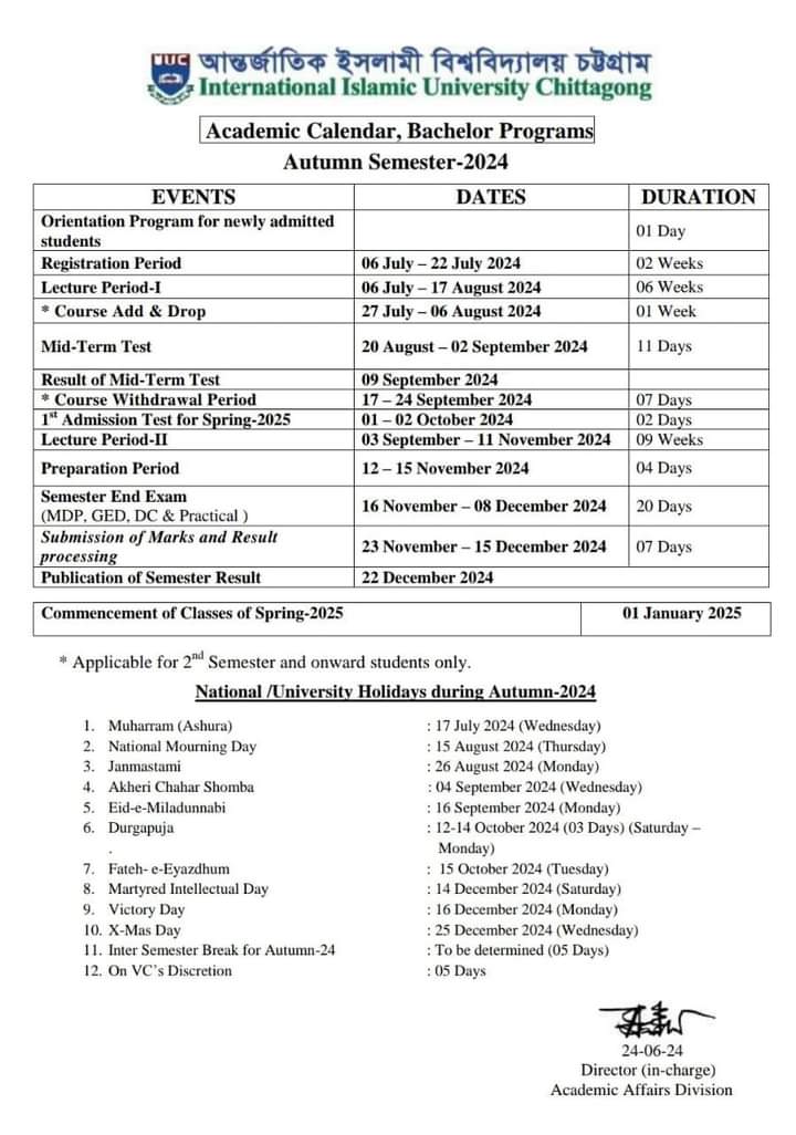 Academic Calendar of Bachelor Programs for Autumn-2024.